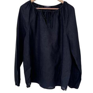 NYDJ Black 100% Linen Peasant Blouse Long Sleeve Scoop Neck Drawstring Size L